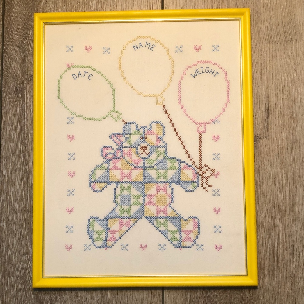 Patchwork Birth Announcement  Pastel Patchwork Teddy Cross-Stitch Framed
